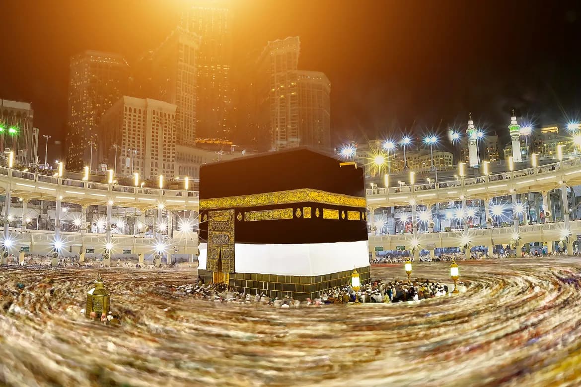 The Kaaba at night with hotels overlooking Masjid al-Haram, Makkah
