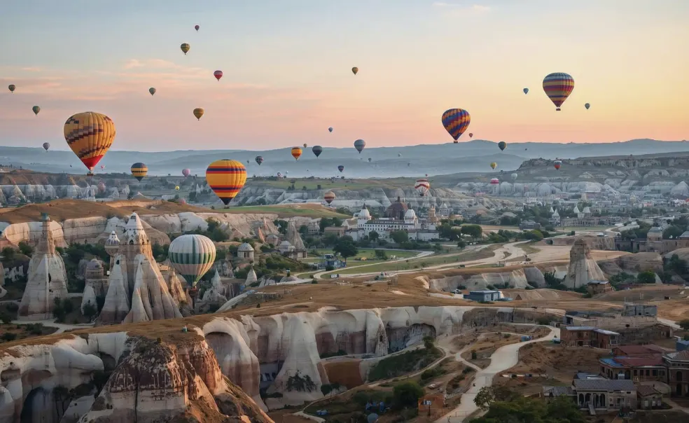 Hot-air balloons over Cappadocia at sunrise